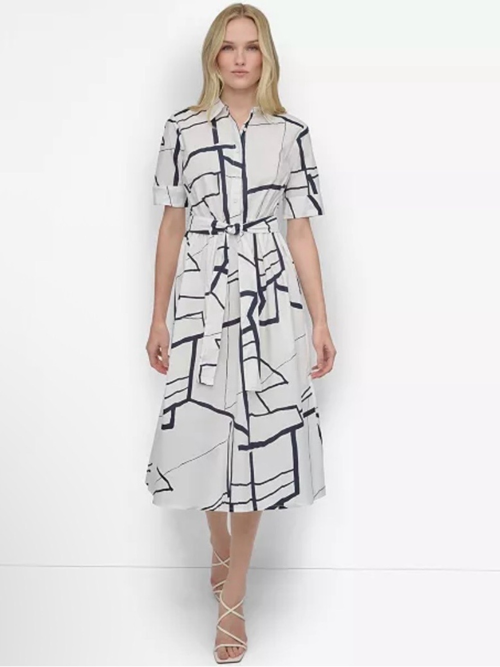 DKNY Women's Abstract Printed Cotton Flattering Midi Shirtdress Size 8 MSRP $129